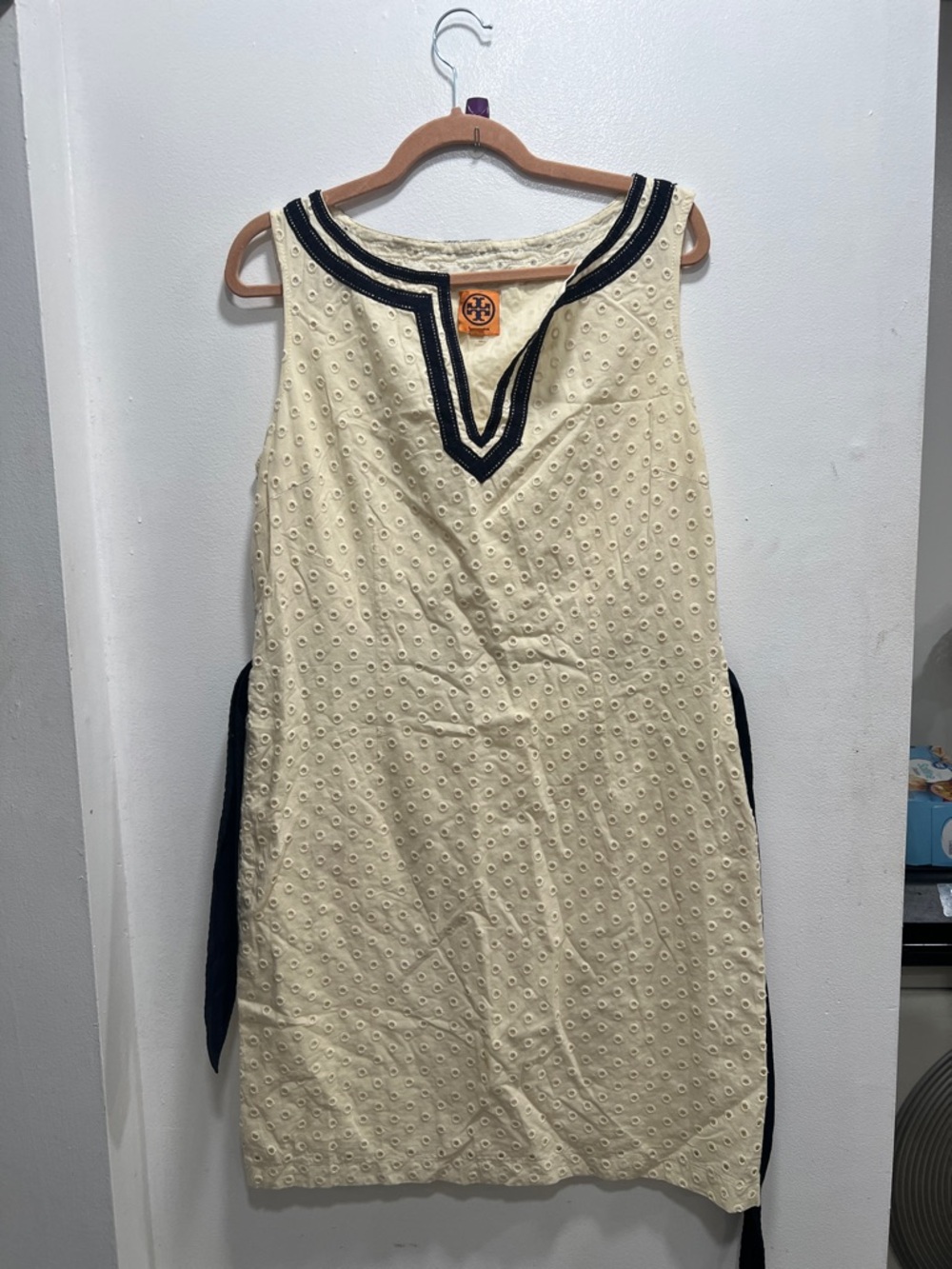 Tory Burch Cream Eyelet Shift Dress with Navy Trim